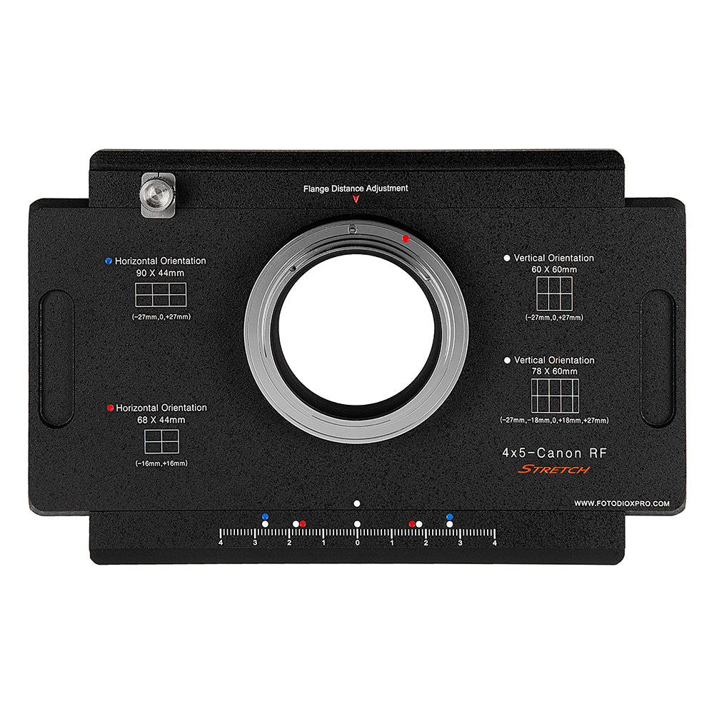 Fotodiox Pro Lens Mount Adapter, Canon RF Mount Mirrorless Camera Body to Large Format 4x5 View Cameras with a Graflok Rear Standard - Shift / Stitch Adapter