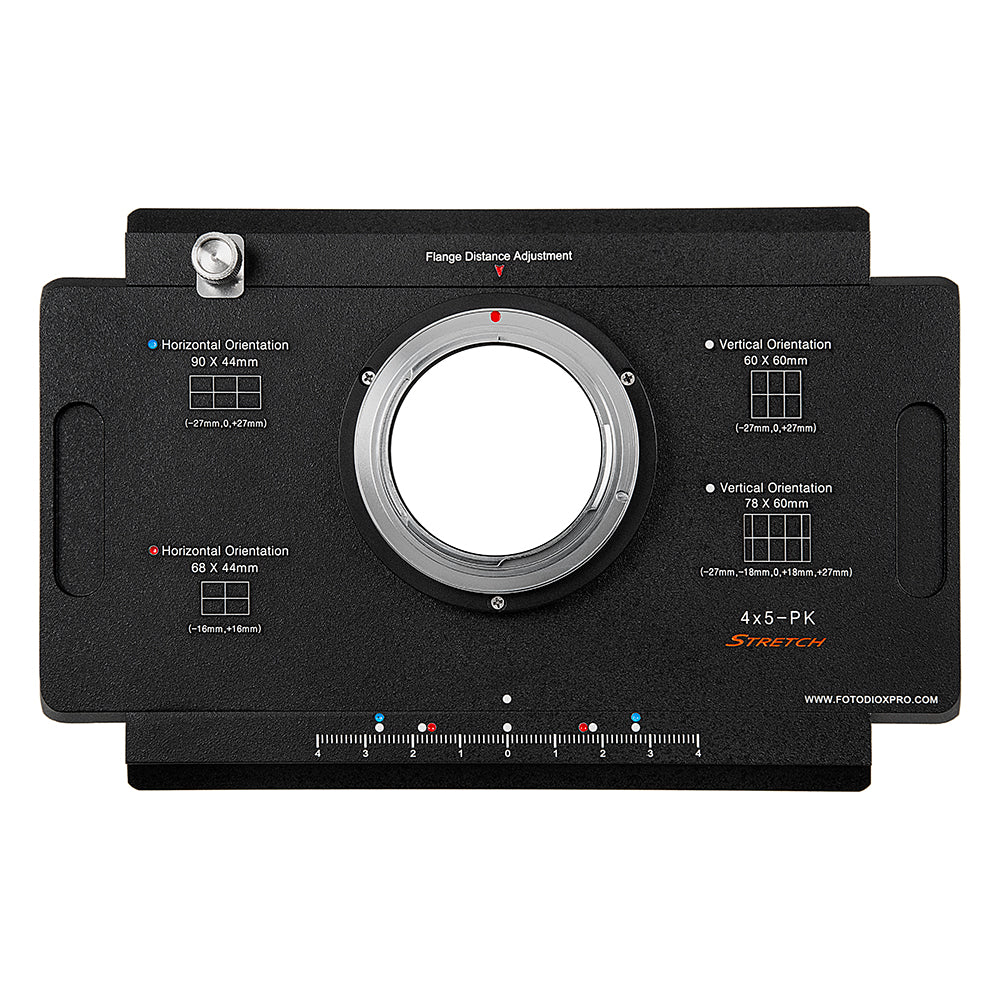 Fotodiox Pro Lens Mount Adapter - Pentax K Mount (PK) D/SLR to Large Format 4x5 View Cameras with a Graflok Rear Standard - Shift / Stitch Adapter