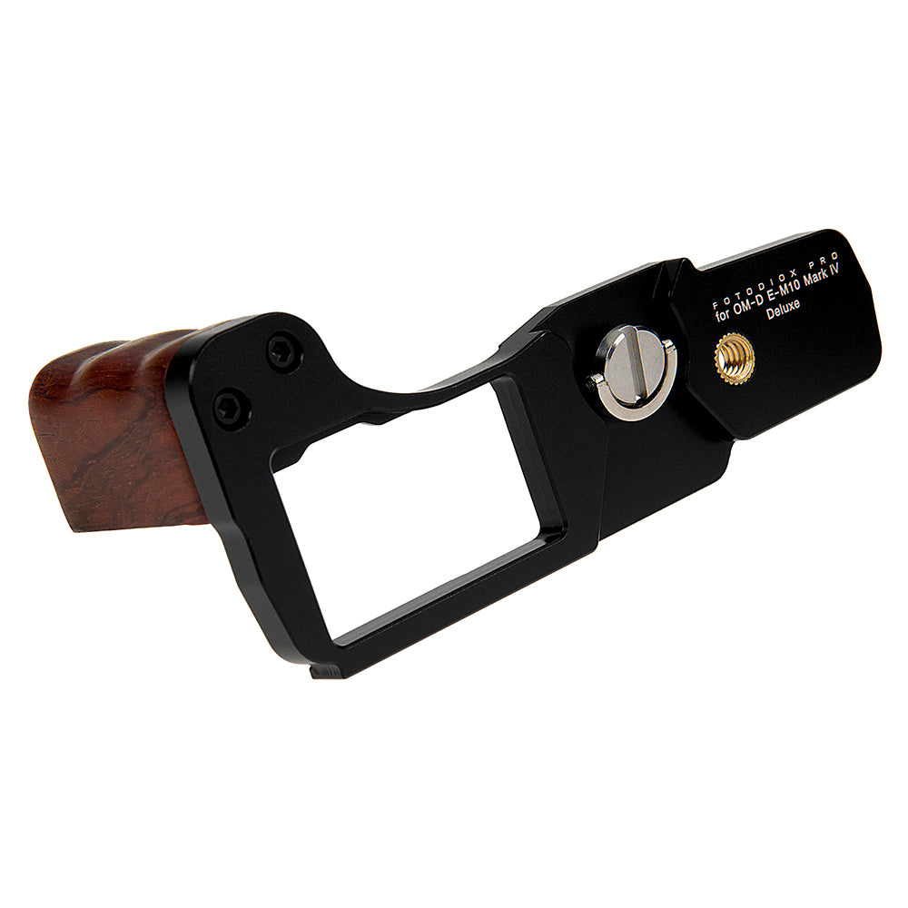 Deluxe Metal Camera Hand Grip for Olympus OM-D E-M10 Mark IV MILC MFT Camera with Wooden Accent and Battery Access