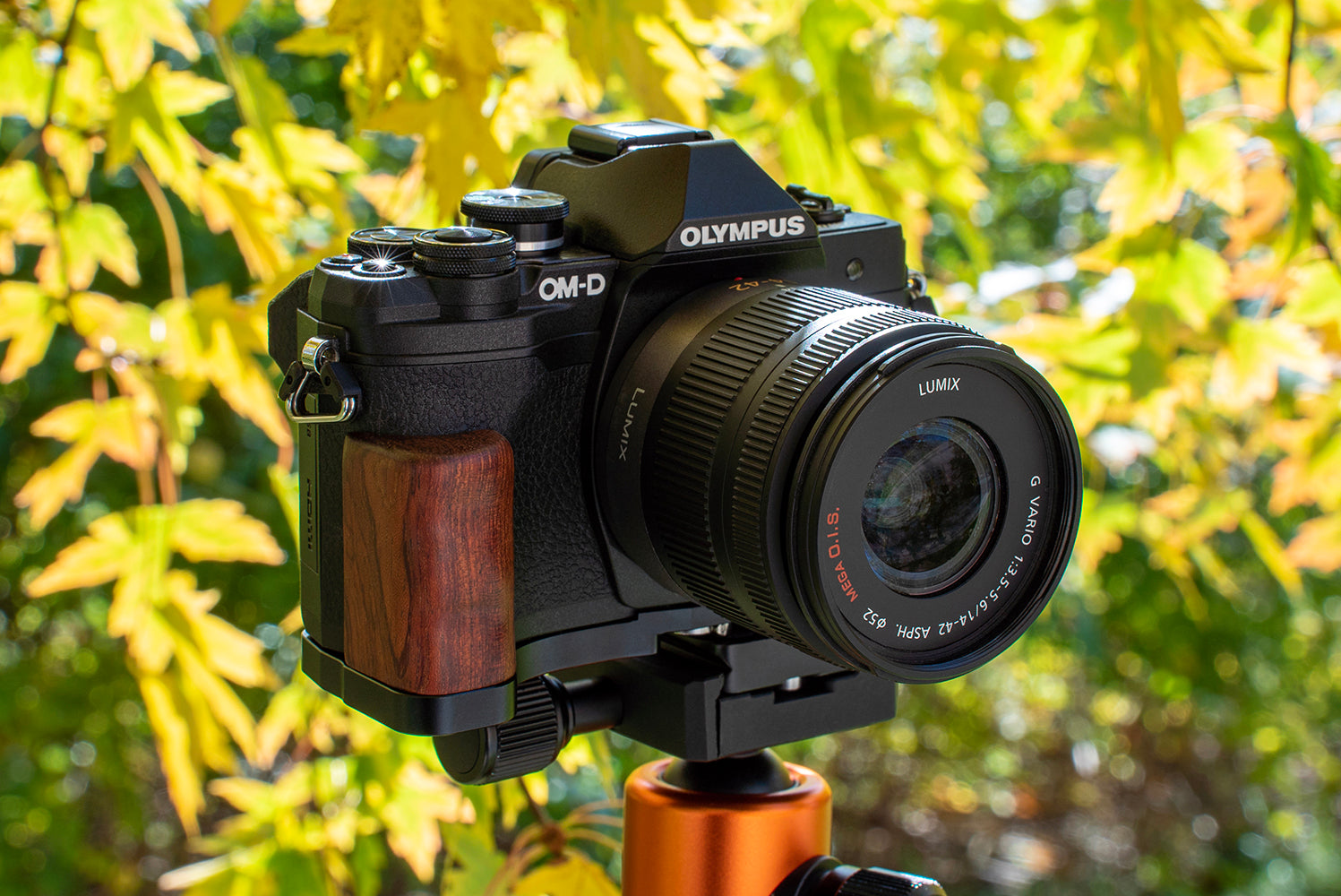 Deluxe Metal Camera Hand Grip for Olympus OM-D E-M10 Mark IV MILC MFT Camera with Wooden Accent and Battery Access