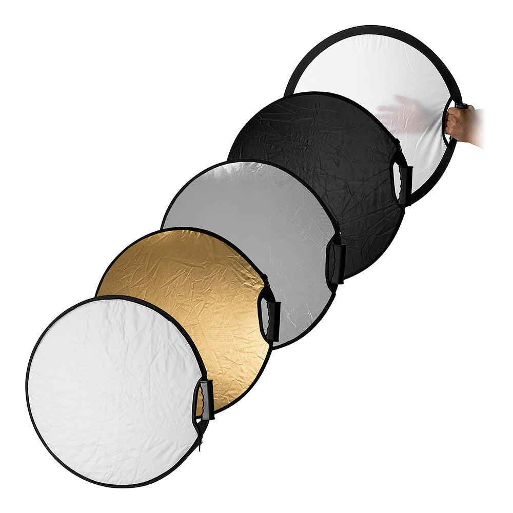 Fotodiox 5-in-1 Reflector Pro, Premium Grade Collapsible Disc, Soft Silver / Gold / Black / White / Diffuser - 5 Size Options