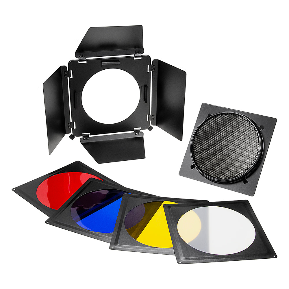 Fotodiox Universal Barn Door Barndoor Kit with Honeycomb grid (45 Degree), Diffusion and Color Gels for Strobe Light with 5.5" - 7" Reflector