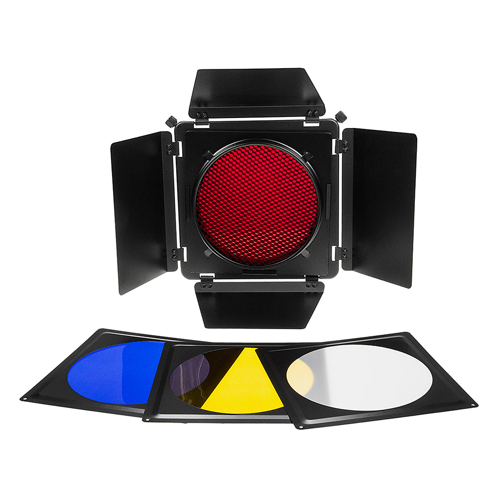 Fotodiox Universal Barn Door Barndoor Kit with Honeycomb grid (45 Degree), Diffusion and Color Gels for Strobe Light with 5.5" - 7" Reflector