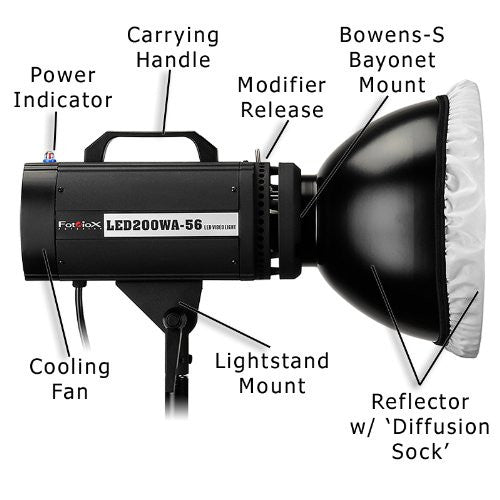 Fotodiox Pro LED-200WA-56 Daylight Studio LED, High-Intensity LED Studio Light for Still and Video - with Dimmable Control, 12V AC Power Adapter, Light Stand bracket