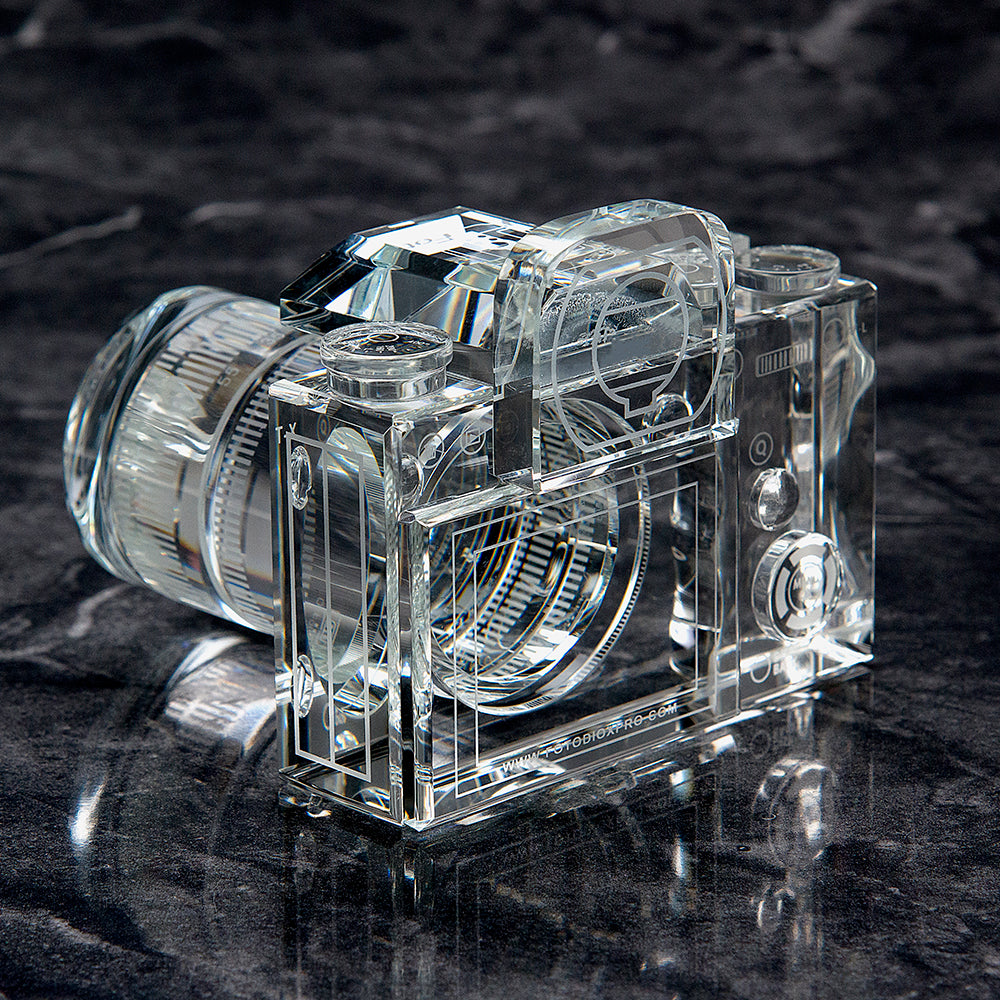 Fotodiox Crystal Camera - 9/10 Sized Replica of Fujifilm X-T w/ XF 18-55mm RLM OIS Lens; Paperweight, Book Shelf, Bookends