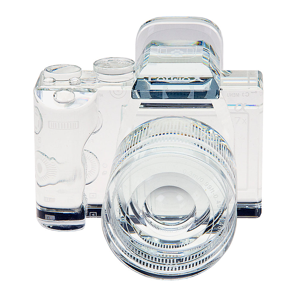 Fotodiox Crystal Camera - 9/10 Sized Replica of Sony a7 w/ 28-70mm OSS Lens; Paperweight, Book Shelf, Bookends