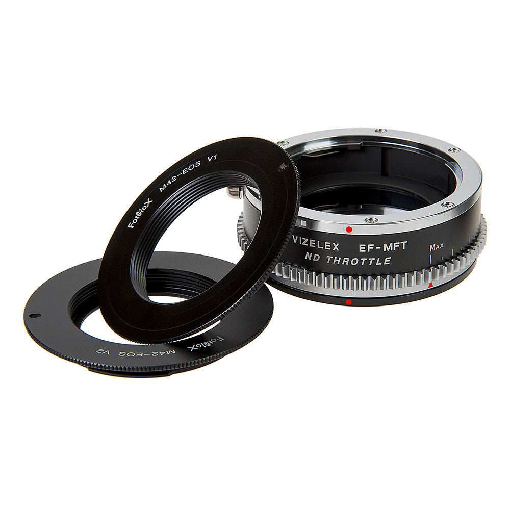 Vizelex Cine ND Throttle Lens Mount Double Adapter - M42 Type 1 & 2 (42mm x1 Screw Mount) & Canon EOS (EF, EF-S) Mount Lenses to Micro Four Thirds (MFT, M4/3) Mount Mirrorless Camera Body with Built-In Variable ND Filter (2 to 8 Stops)