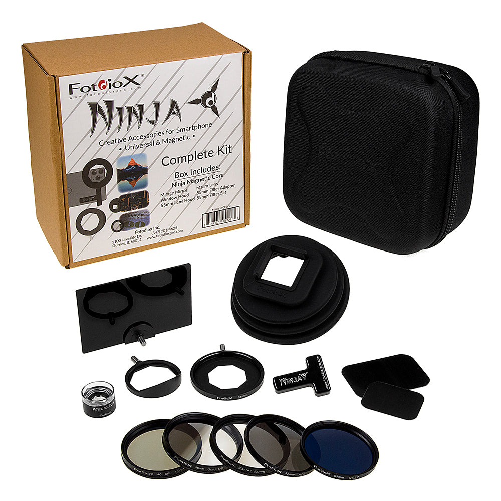 Ninja Complete Kit - Creative Universal & Magnetic Accessories for Smartphones: Ninja Magnetic Core, Mirage Mirror, Window Hood, 55mm Lens Hood, 20x Macro Lens, 55mm Filter Adapter, 55mm Filter Set (5)