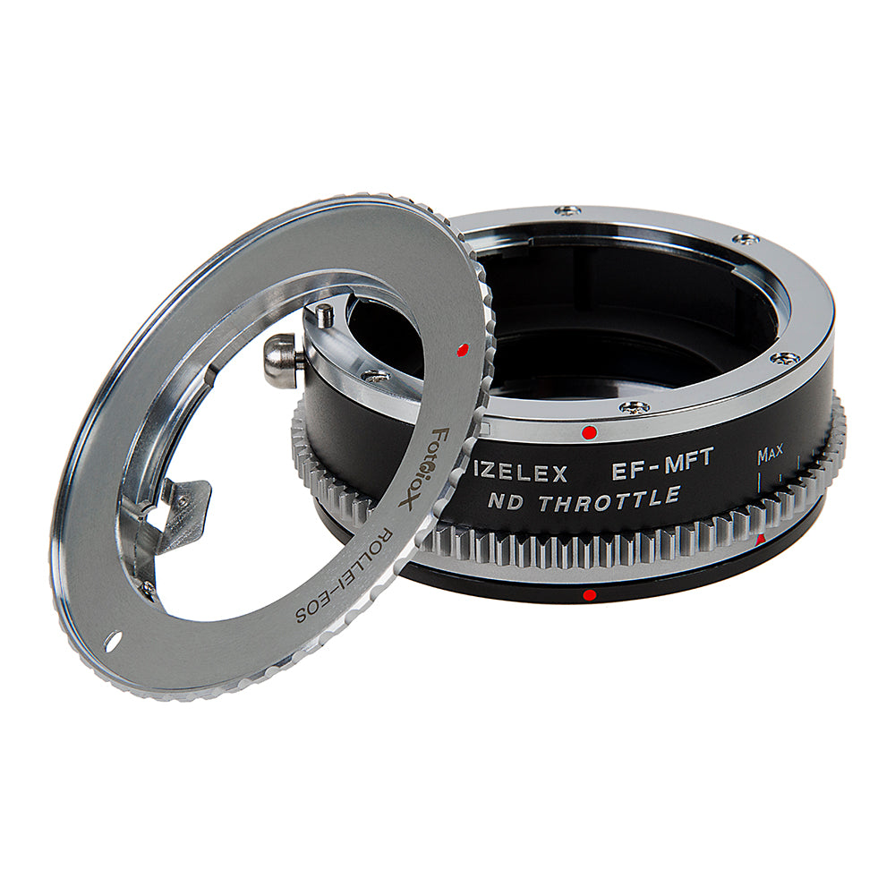 Vizelex Cine ND Throttle Lens Mount Double Adapter - Rollei 35 (SL35) SLR & Canon EOS (EF, EF-S) Mount Lenses to Micro Four Thirds (MFT, M4/3) Mount Mirrorless Camera Body with Built-In Variable ND Filter (2 to 8 Stops)
