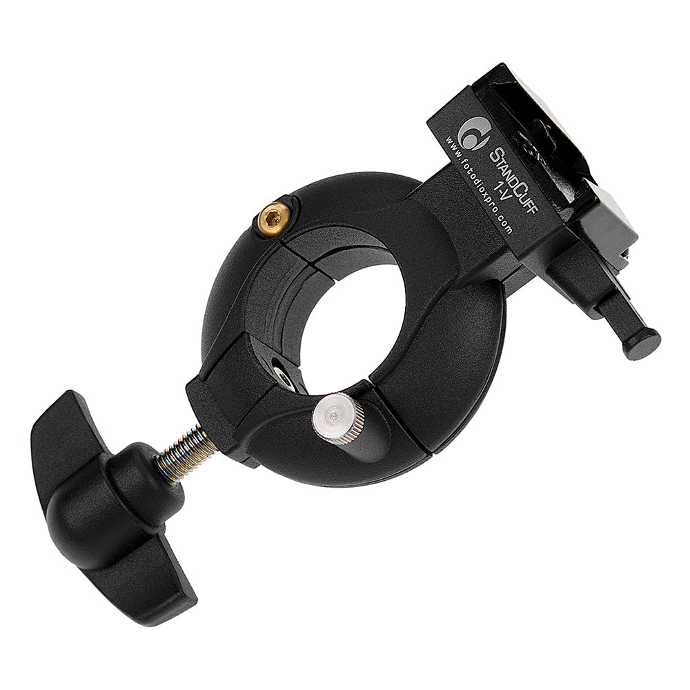 StandCuff 1-V - Compact V-Lock Battery Stand Mount for 20-35mm Diameter Pole Section, All Metal Construction w/ Geared locking Mechanism