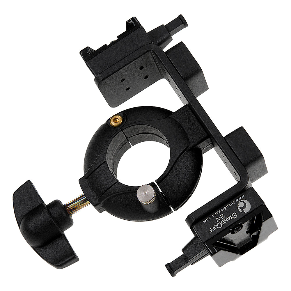 StandCuff 2-V - Compact 2x 3/8", 1/4"-20 & V-Lock Battery Stand Mount for 20-35mm Diameter Pole Section, All Metal Construction w/ Geared locking Mechanism