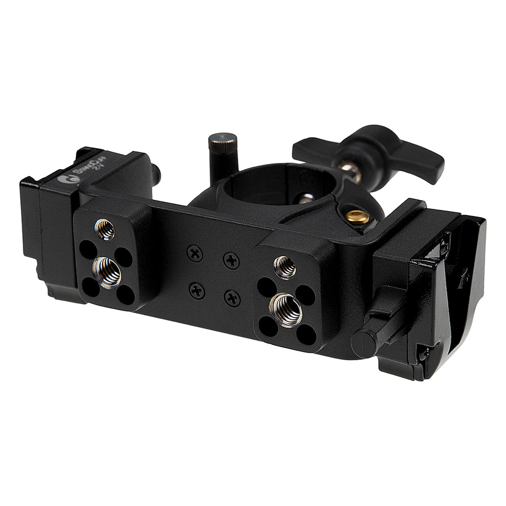 StandCuff 2-V - Compact 2x 3/8", 1/4"-20 & V-Lock Battery Stand Mount for 20-35mm Diameter Pole Section, All Metal Construction w/ Geared locking Mechanism
