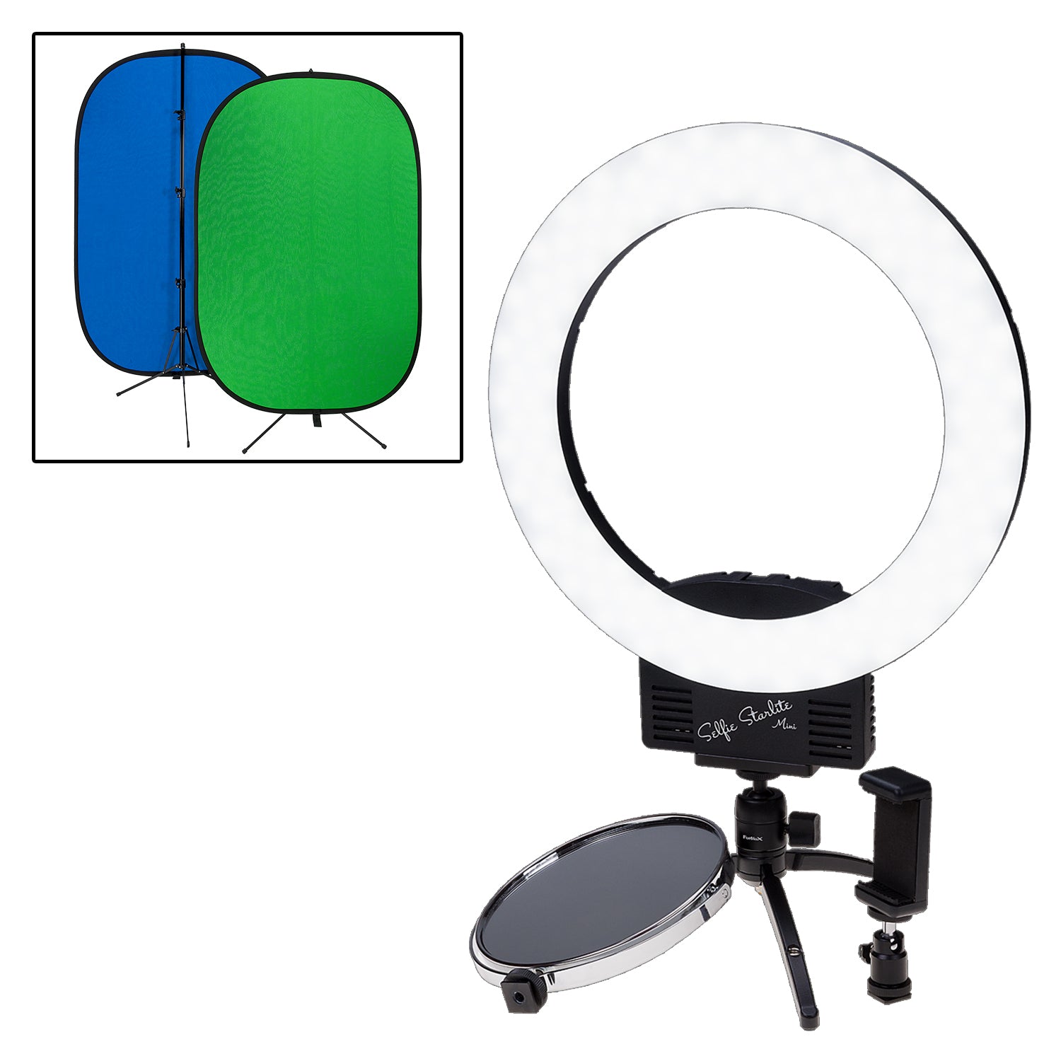 Fotodiox Selfie Starlite Mini LED Vlog Ring Light Gift Pack- 12in Bi-Color Dimmable LED Ringlight with Collapsible Portable Chromakey Blue/Green Muslin Background for Portrait, Photography, Makeup, YouTube, Live Streaming Video and more