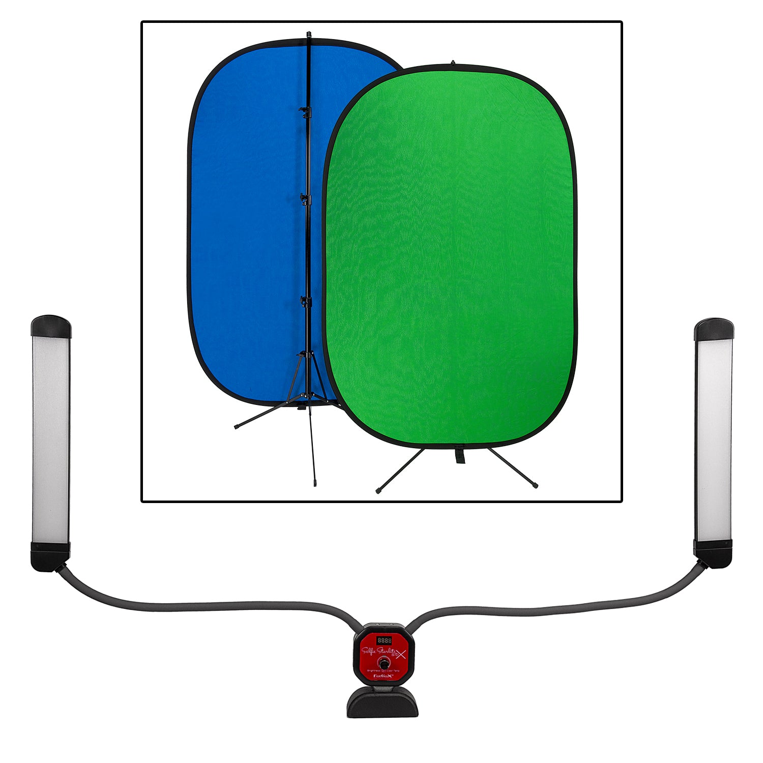 Selfie Starlite Stix TT Tabletop Gift Pack - Bi-Color Dimmable LED Monitor Lights with Collapsible Portable Chromakey Blue/Green Muslin Background