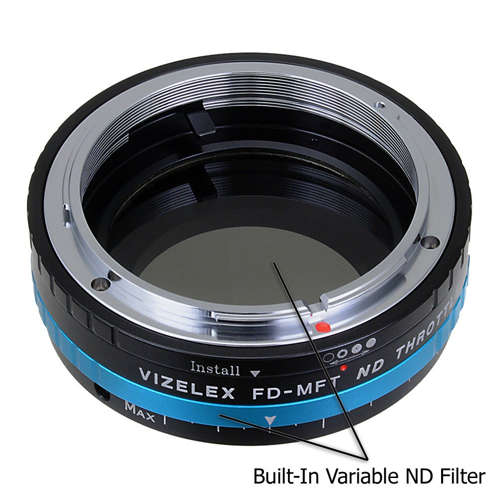 Vizelex ND Throttle Lens Mount Adapter - Canon FD & FL 35mm SLR lens to Micro Four Thirds (MFT, M4/3) Mount Mirrorless Camera Body with Built-In Aperture Control Dial and Variable ND Filter (2 to 8 Stops)