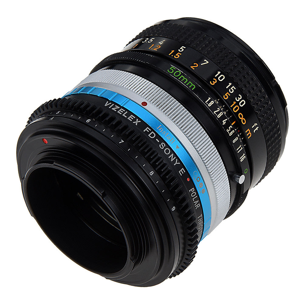 Vizelex Polar Throttle Lens Mount Adapter - Canon FD & FL 35mm SLR lens to Sony Alpha E-Mount Mirrorless Camera Body with Built-In Circular Polarizing Filter