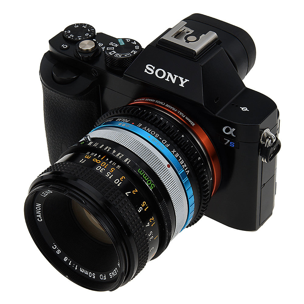 Vizelex Polar Throttle Lens Mount Adapter - Canon FD & FL 35mm SLR lens to Sony Alpha E-Mount Mirrorless Camera Body with Built-In Circular Polarizing Filter