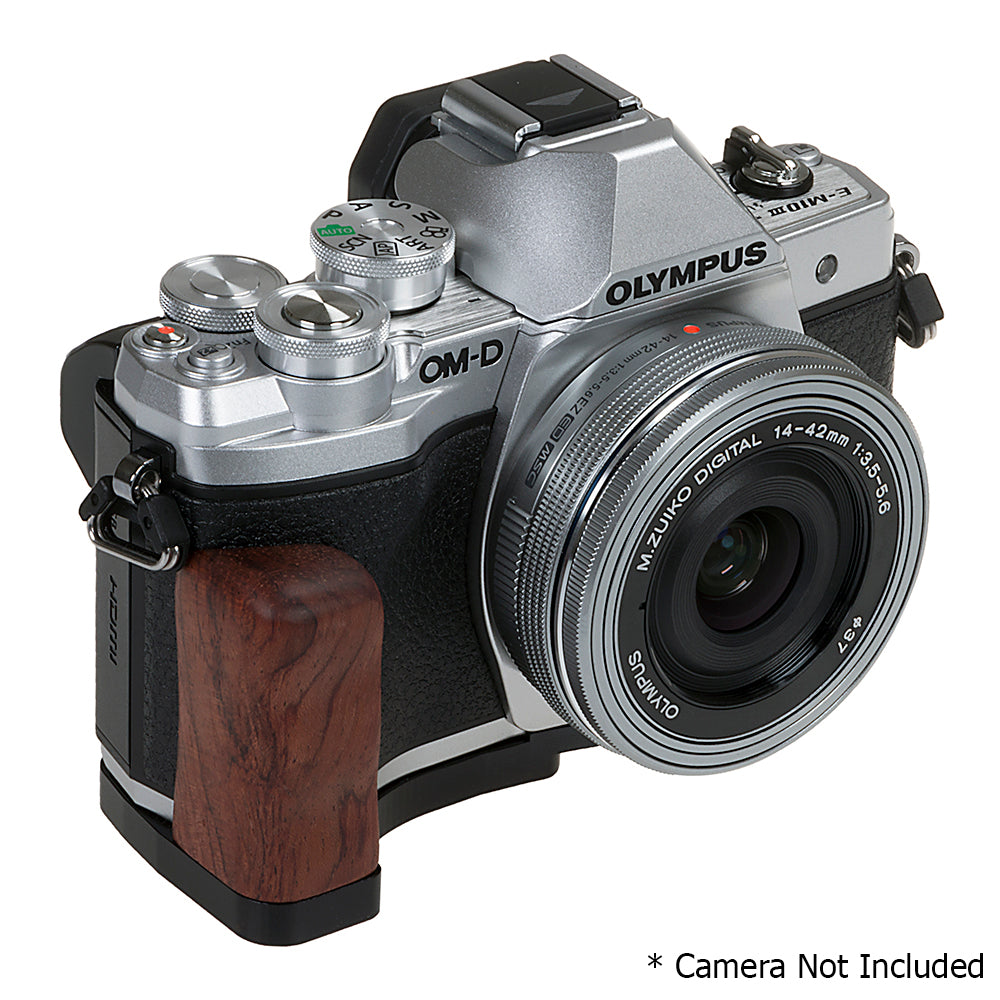 Deluxe Metal Camera Hand Grip for Olympus OM-D E-M10 Mark III MILC MFT Camera with Wooden Accent and Battery Access