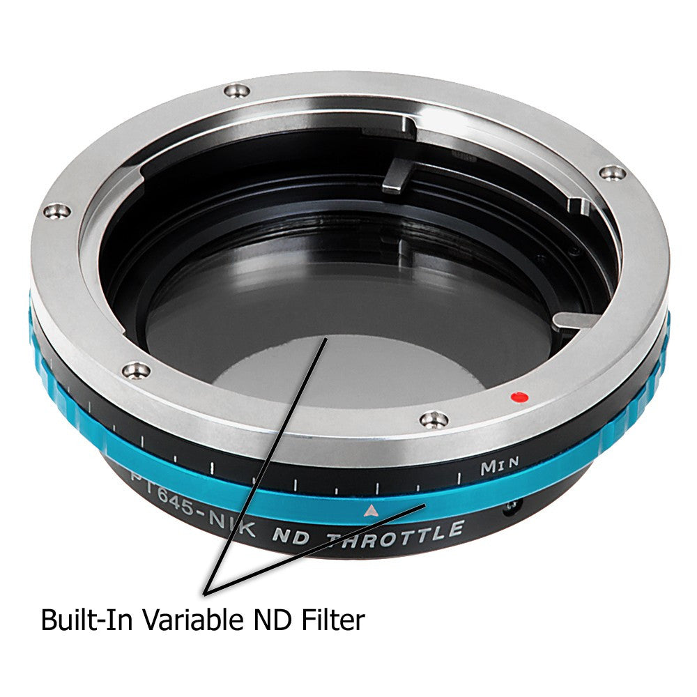 Vizelex ND Throttle Lens Mount Adapter - Pentax 645 (P645) Mount SLR Lens to Nikon F Mount SLR Camera Body with Built-In Variable ND Filter (2 to 8 Stops)