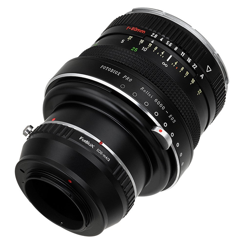 Fotodiox Pro Lens Mount Double Adapter - Rollei 6000 (Rolleiflex) Series and Canon EOS (EF / EF-S) D/SLR Lenses to Micro Four Thirds (MFT, M4/3) Mount Mirrorless Camera Body with Built-in De-Clicked Aperture Iris