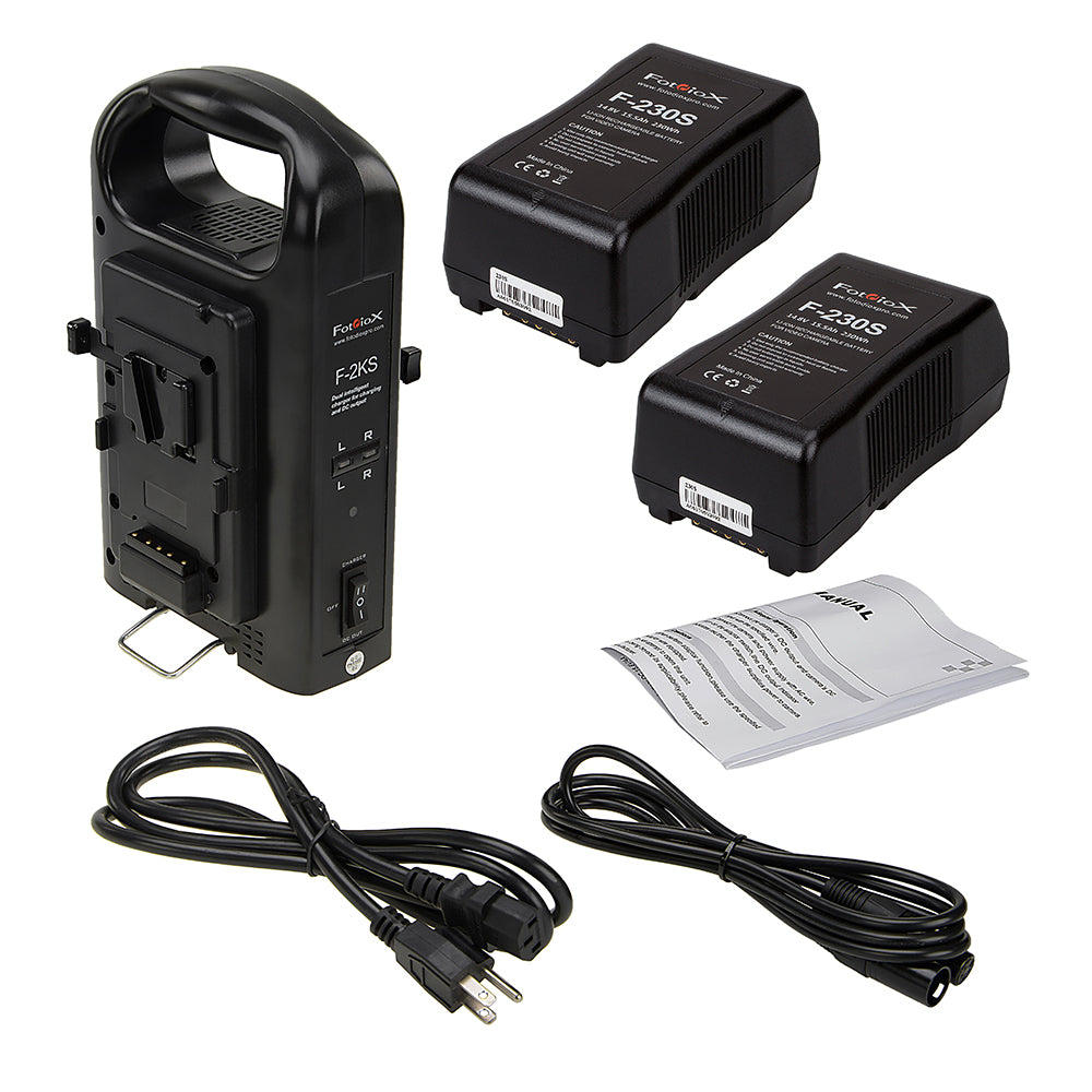 Fotodiox Dual Position Battery Charger Kit with Two 14.8V Li-Ion V-Mount Batteries - Power Supply Stand with XLR DC Output for Fotodiox Pro, FlapJack & Factor Series LED Lights