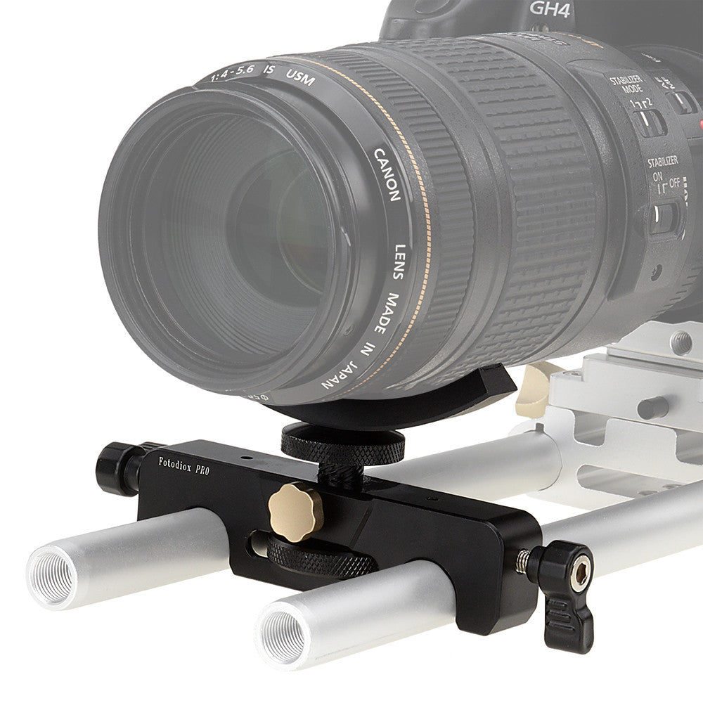 Fotodiox Pro Yoke Lens Support - Universal Telephoto, Long Lens Support Bracket for 15mm Rod System with Height Adjustable Trimmer Knob