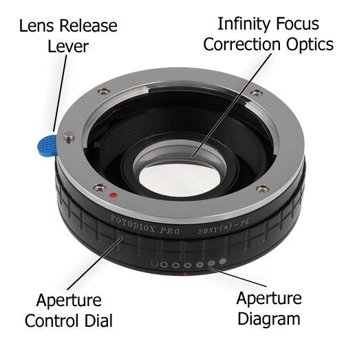 Fotodiox Pro Lens Mount Adapter - Sony Alpha A-Mount (and Minolta AF) DSLR Lens to Pentax K (PK) Mount SLR Camera Body, with Built-In Aperture Control Dial