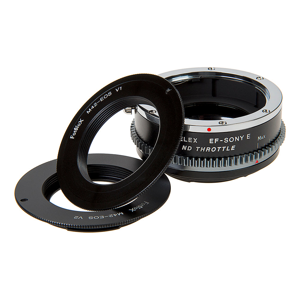 Vizelex Cine ND Throttle Lens Mount Double Adapter - M42 Type 1 & 2 (42mm x1 Screw Mount) & Canon EOS (EF, EF-S) Mount Lenses to Sony Alpha E-Mount Mirrorless Camera Body with Built-In Variable ND Filter (2 to 8 Stops)