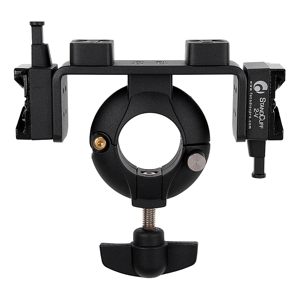 StandCuff 2-V - Compact 2x 3/8", 1/4"-20 & V-Lock Battery Stand Mount for 20-35mm Diameter Pole Section, All Metal Construction w/ Geared locking Mechanism