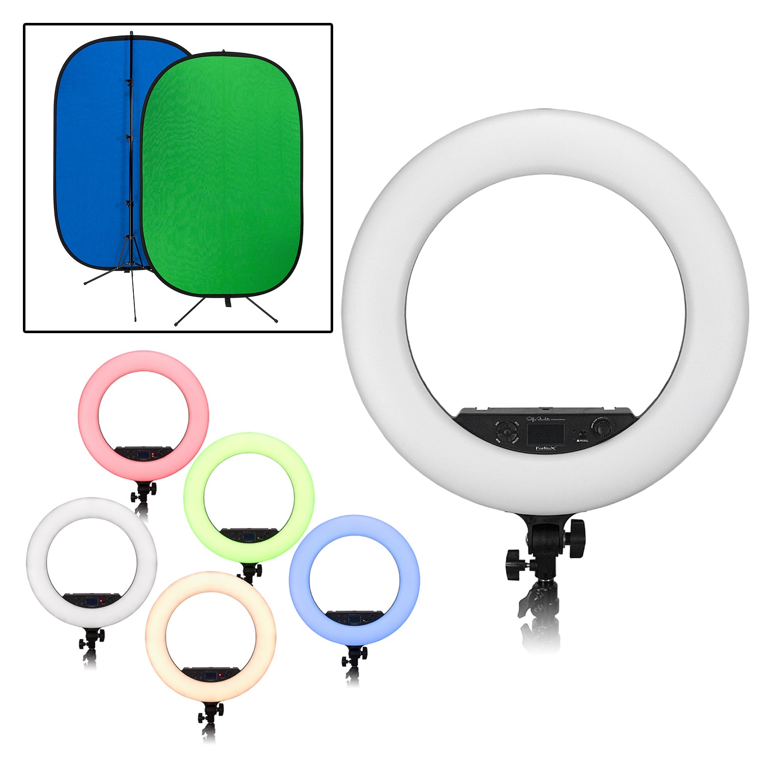 Selfie Starlite Prizmo Edition Gift Pack - 18in RGB Dimmable LED Ring Light  with Collapsible Portable Chromakey Blue/Green Muslin Background