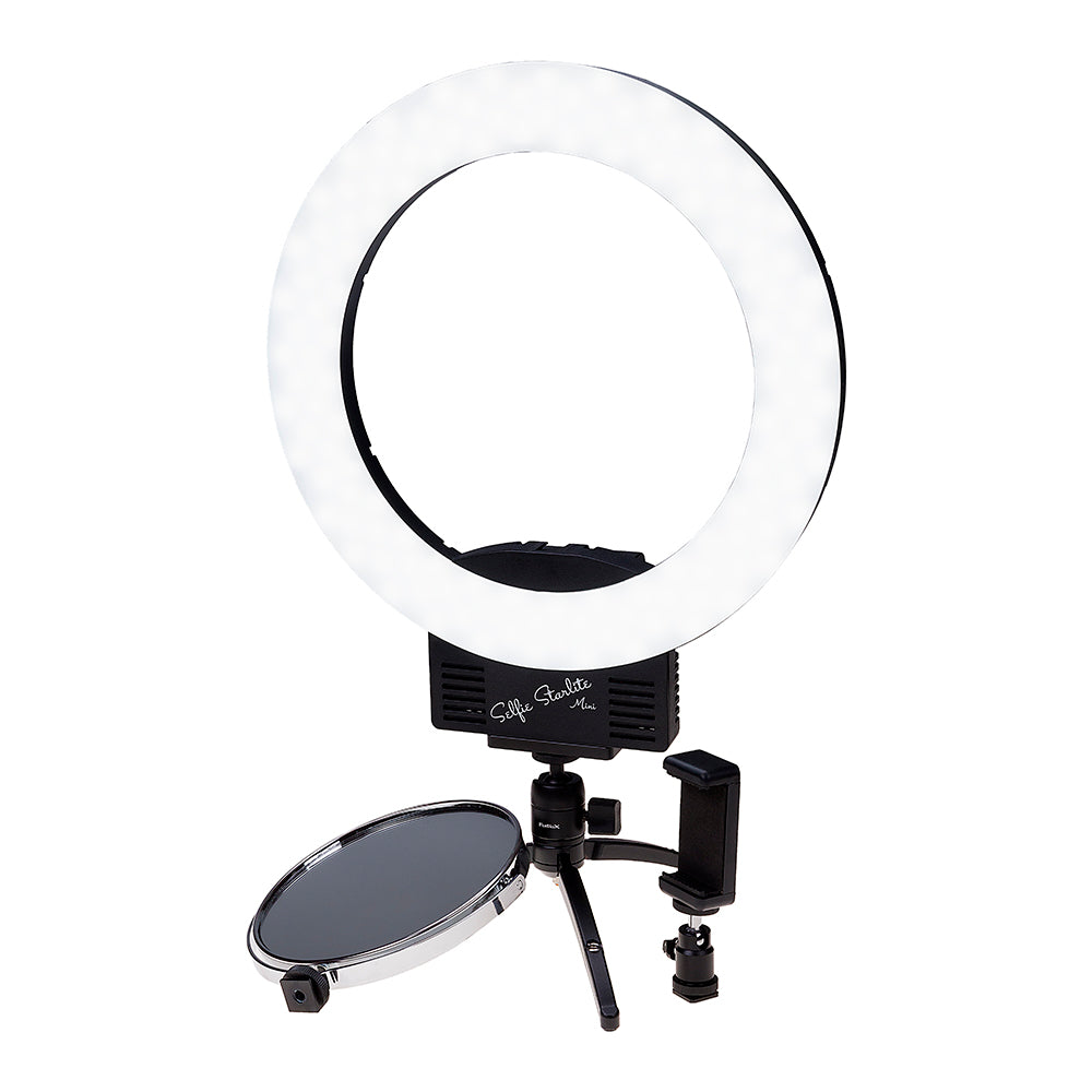 Selfie Starlite Mini Vlog Light Gift Pack- 12in Bi-Color Dimmable LED Ring Light  with Collapsible Portable Chromakey Blue/Green Muslin Background