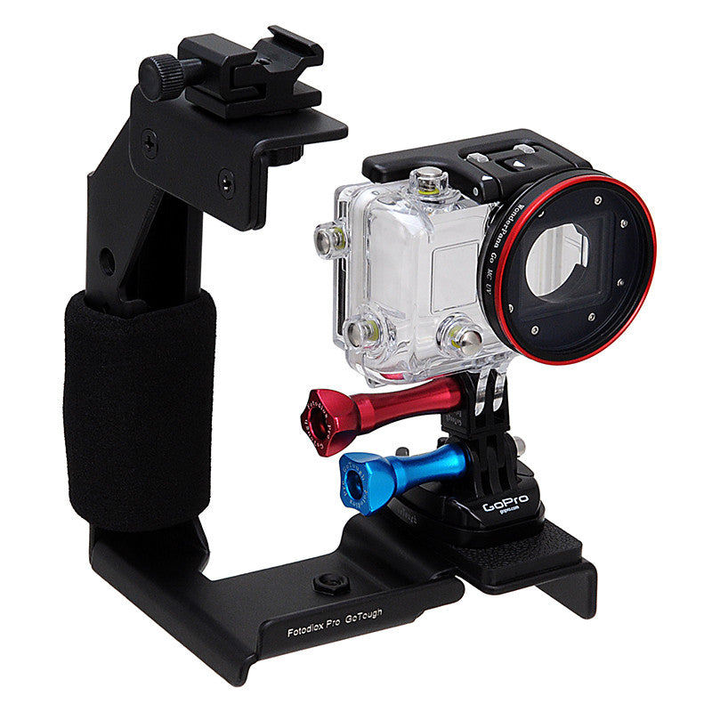 Fotodiox Pro GoTough Grip and QR Mount - Black Aluminum Camera Light Bracket, Action Grip with QR Base Mount for GoPro HERO Mounting Buckle System