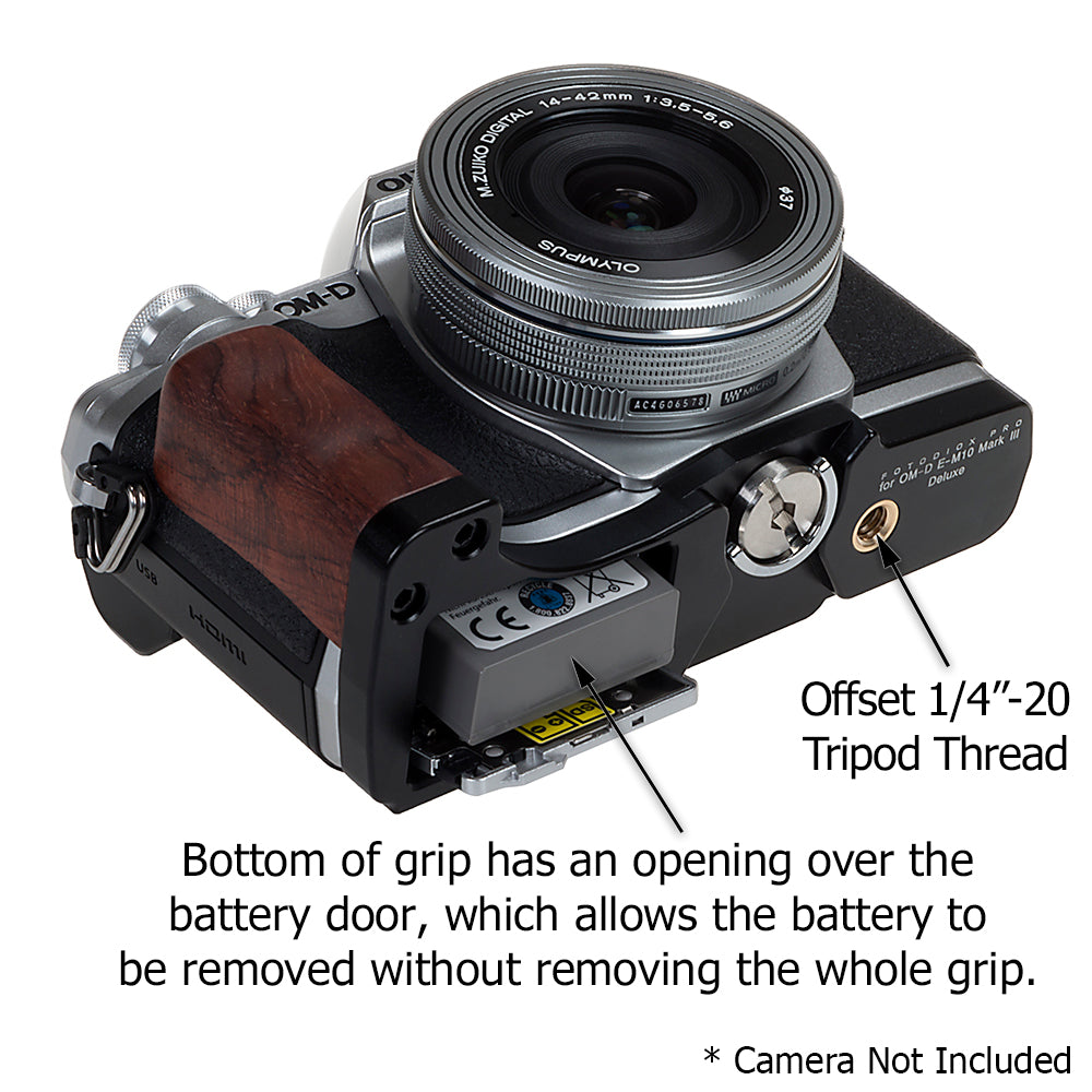 Deluxe Metal Camera Hand Grip for Olympus OM-D E-M10 Mark III MILC MFT Camera with Wooden Accent and Battery Access