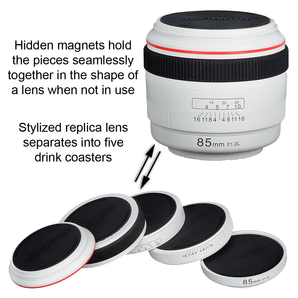 CraftMaster LenzCoaster – Premium Quality Camera Lens Replica that doubles as set of 5 drink coasters with silicone padding