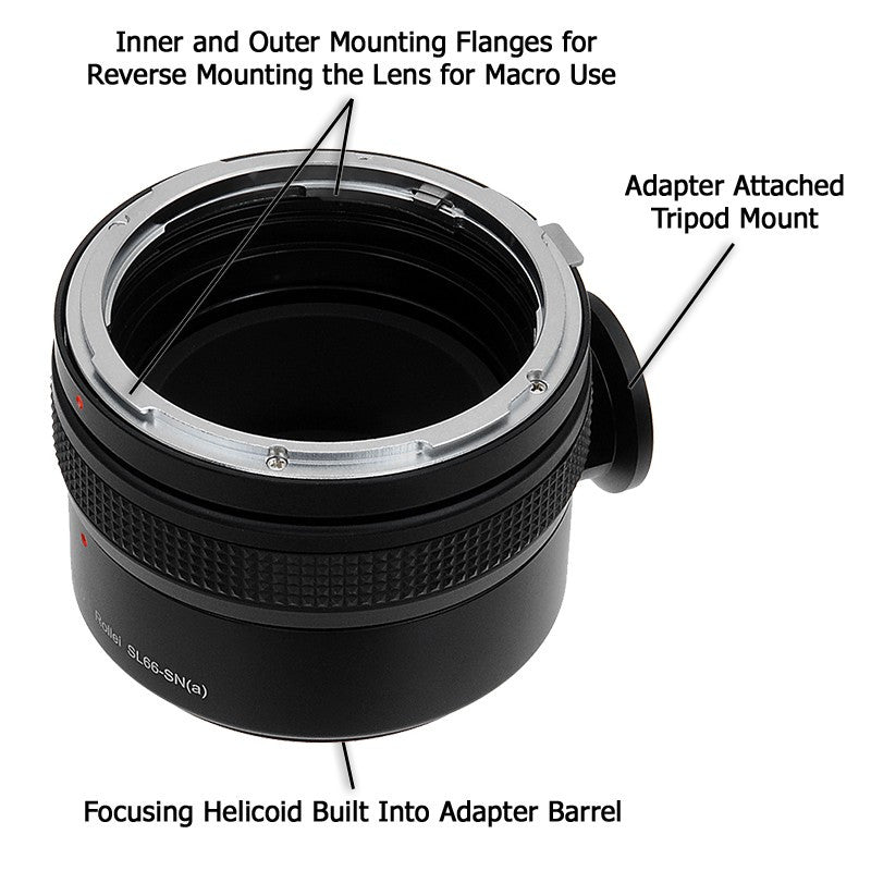 Fotodiox Pro Lens Mount Adapter - Rolleiflex SL66 Series Lens to Sony Alpha A-Mount (and Minolta AF) Mount SLR Camera Body with Built-In Focusing Helicoid