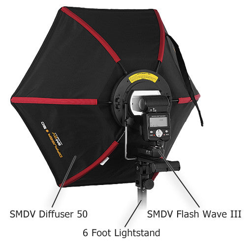 SMDV Diffuser 50 Kit 1 - Kit includes 1x Flash Diffuser 50, 1x SMDV Flash Wave III Tranmitter, 1x SMDV Flash Wave III Reciever and 1x 6 foot light stand; Smart Softbox for Speedlite Flash for Canon, Nikon, Pentax, Olympus and Nissin Flash