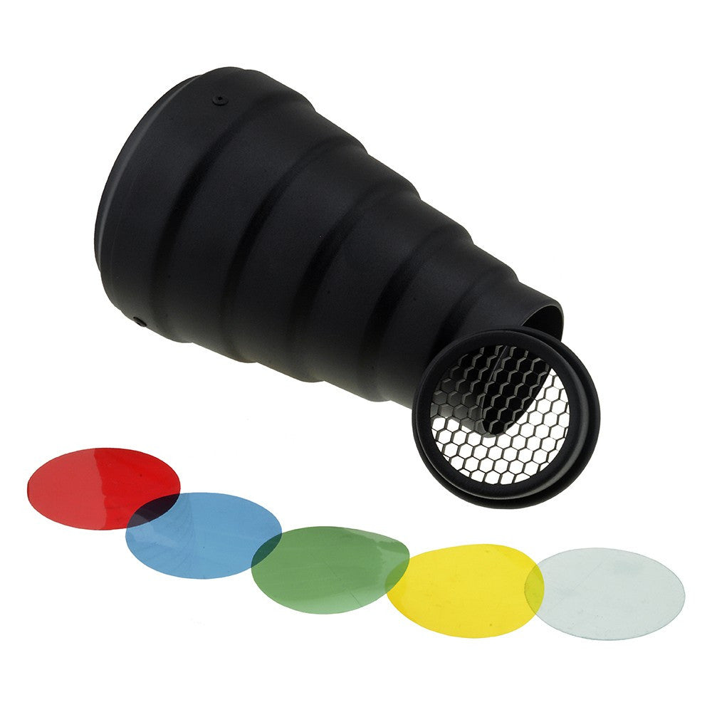 Fotodiox Snoot with 20 Degree Grid and 4 Color Gels for Balcar and Paul C Buff (AlienBees, Einstein, White Lightning) Compatible Lights