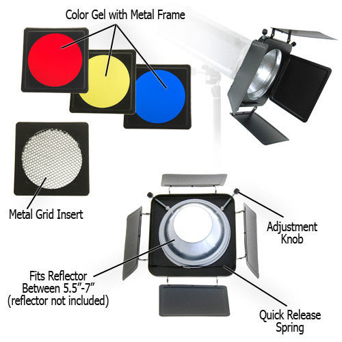 Fotodiox Universal Barn Door Barndoor Kit with Honeycomb grid (45 Degree) and Color Gels for Strobe Light with 5.5" - 7" Reflector